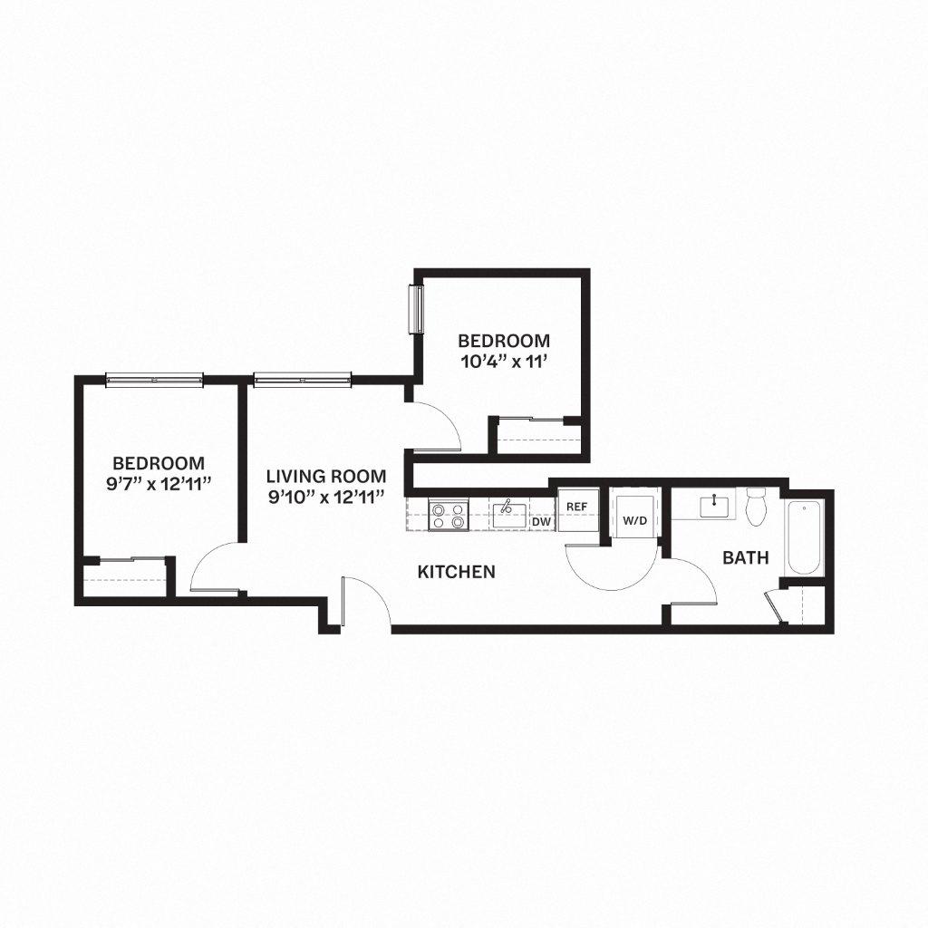 Floor plan for 2 beds, 1 bath, 702 sqft